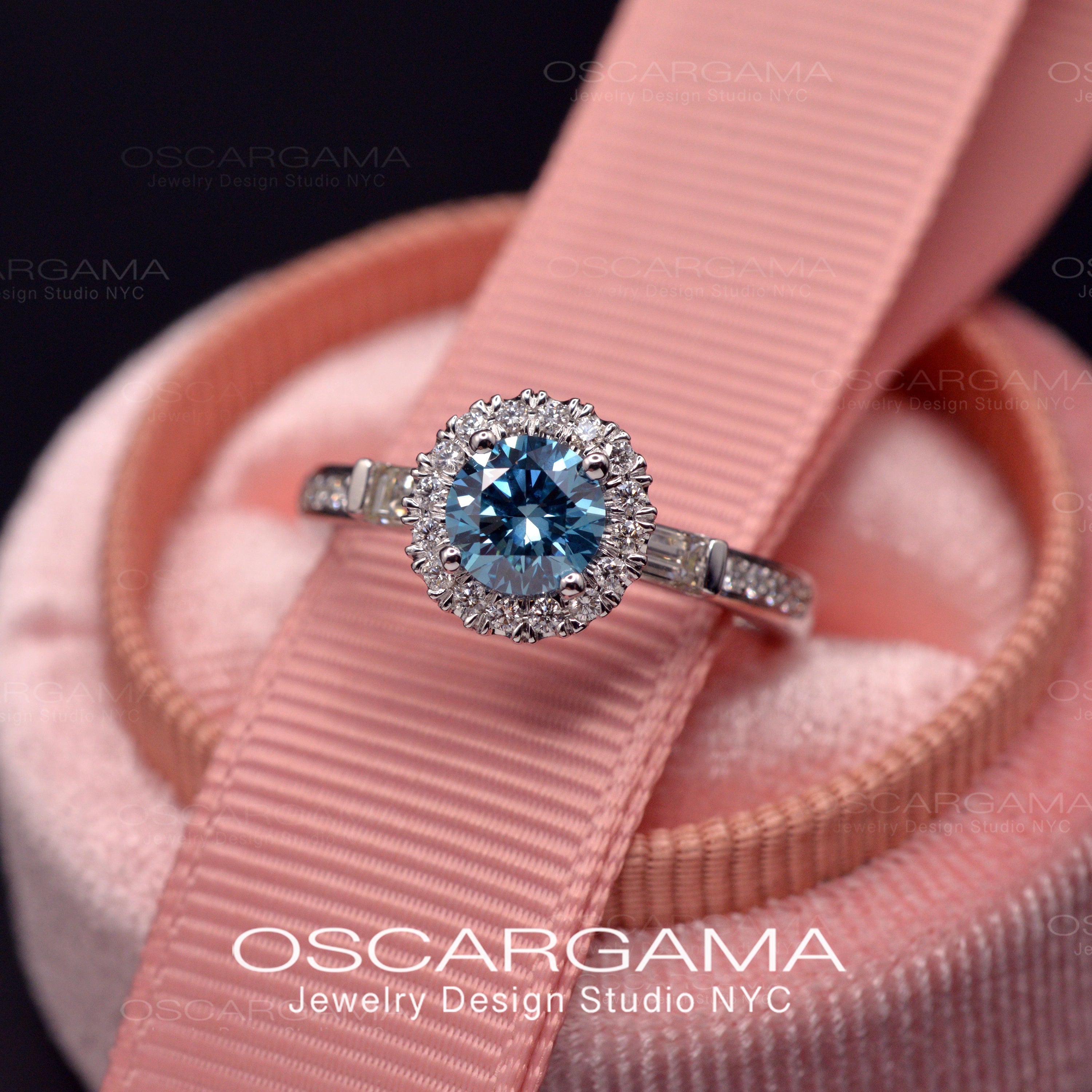 Blue Diamond halo engagement ring