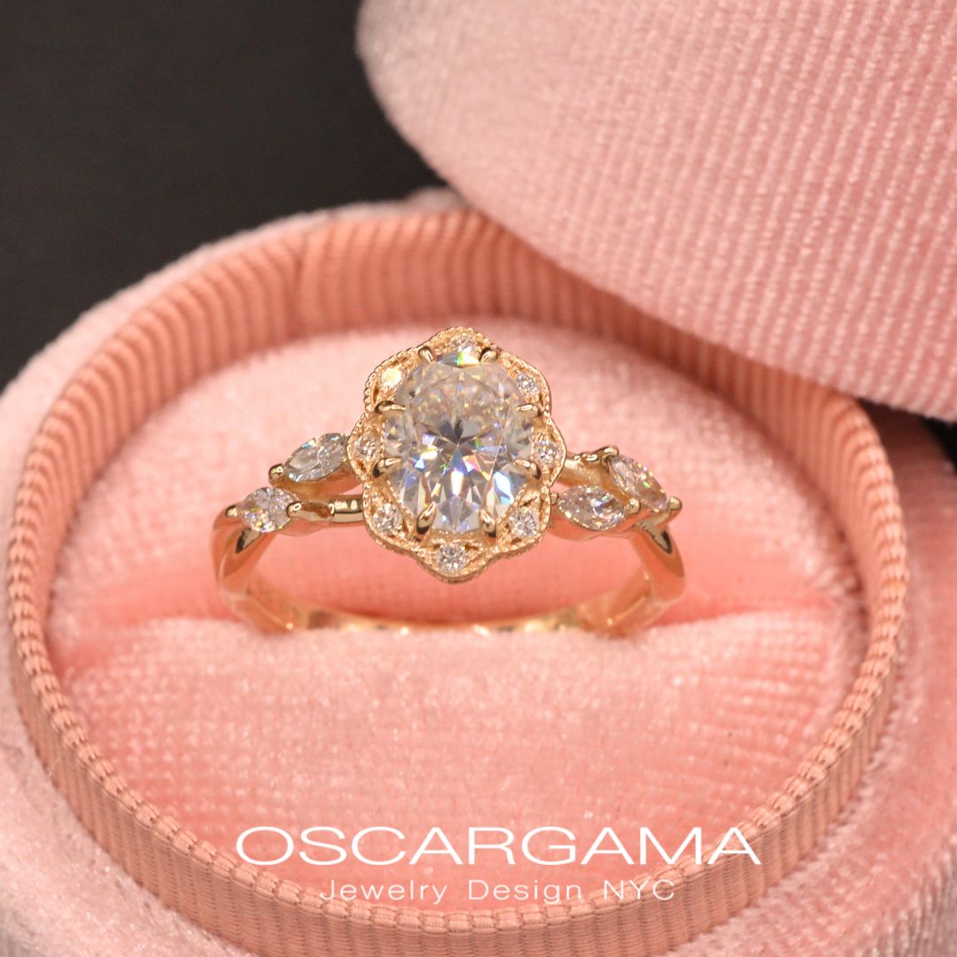 Daisy Oval Twisted Engagement Ring with marquises
