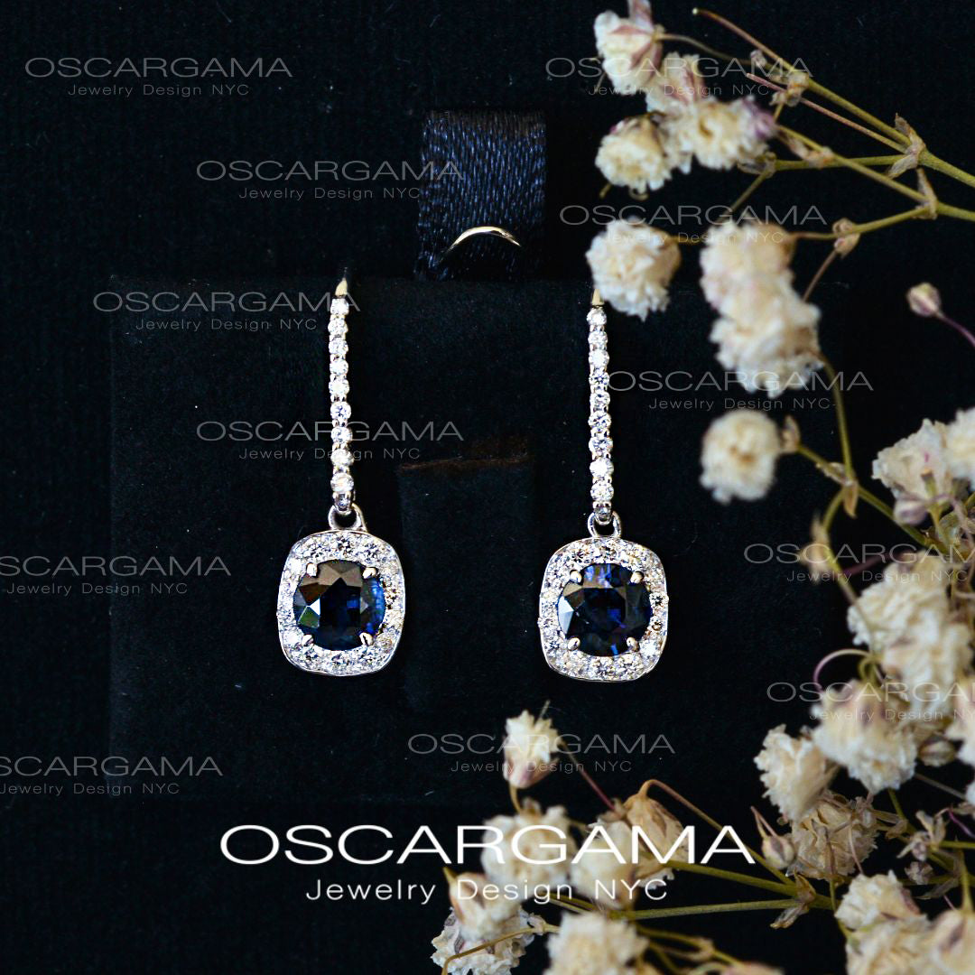 Midnight Blue Sapphire & Diamond Halo Drop Earrings