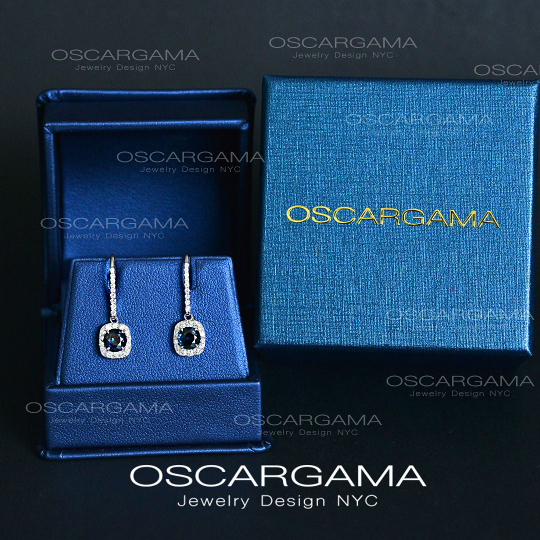 Midnight Blue Sapphire & Diamond Halo Drop Earrings