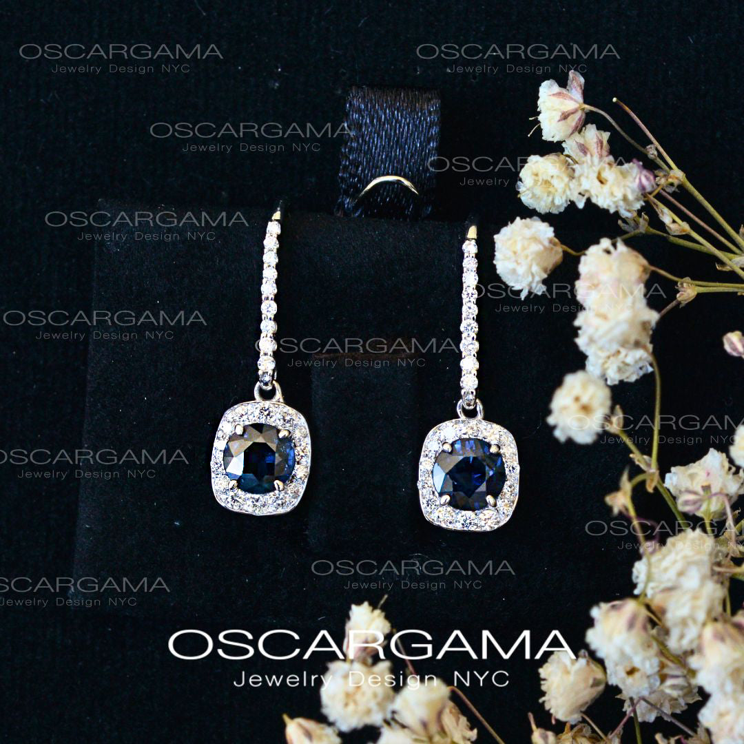 Midnight Blue Sapphire & Diamond Halo Drop Earrings