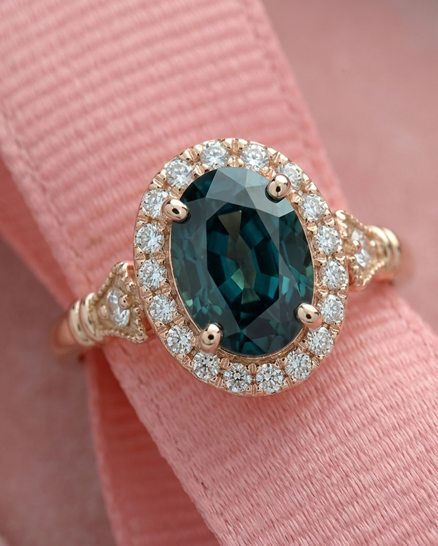 Haydee natural Teal greenish blue Montana Sapphire Oval Halo Engagement Ring Vintage Style (Copy)