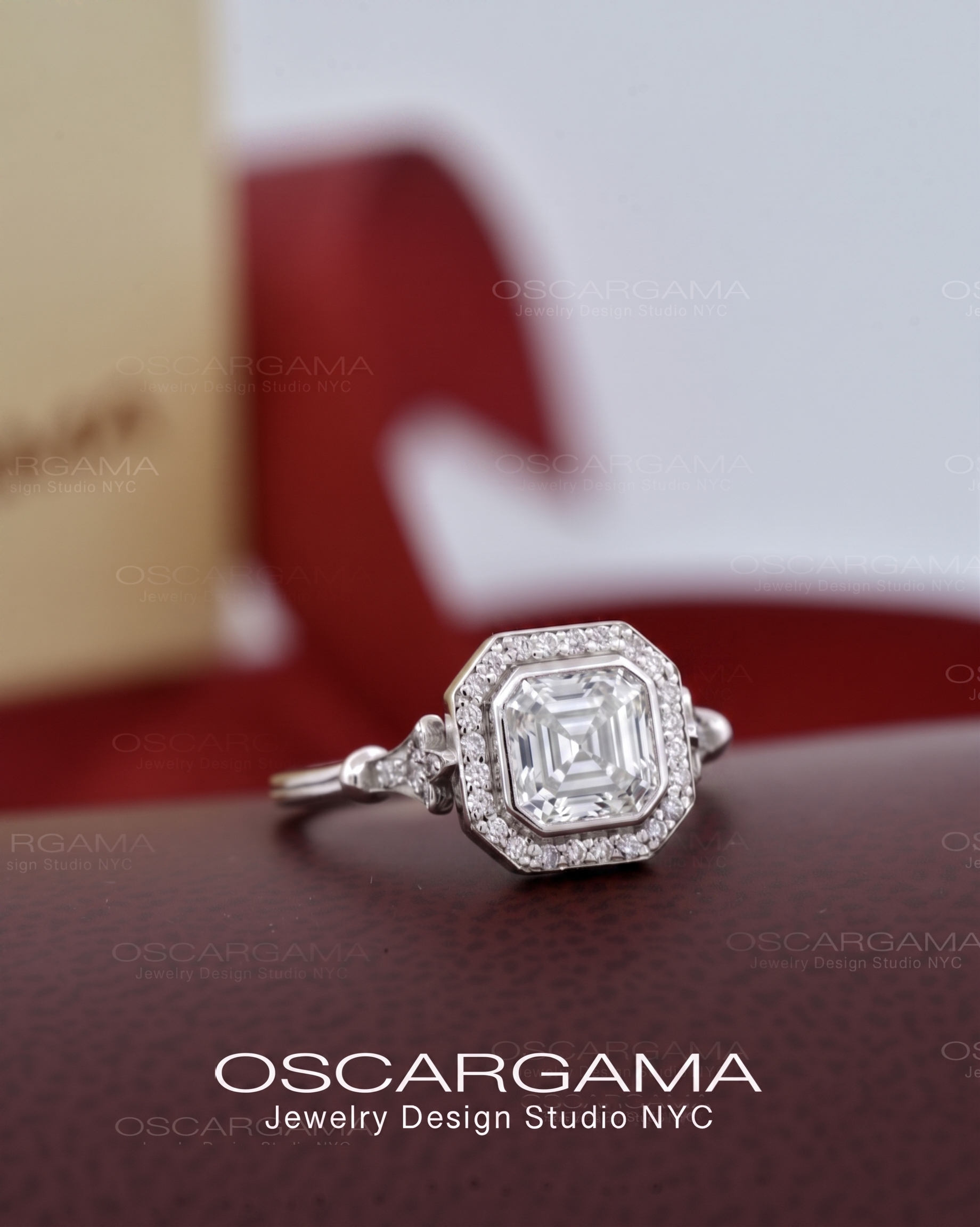 Jessica Asscher Cut Bezel Halo Engagement Ring