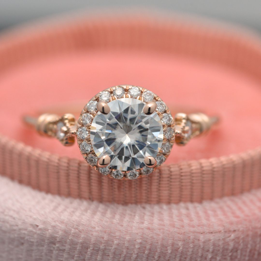 Jazzlyn Round Halo Engagement Ring Vintage Inspired in gold