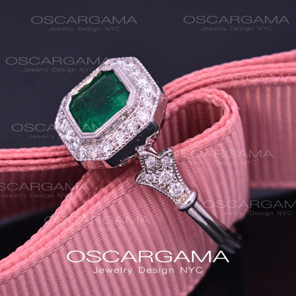 Jessica Asscher Cut Bezel Emerald Halo Engagement Ring