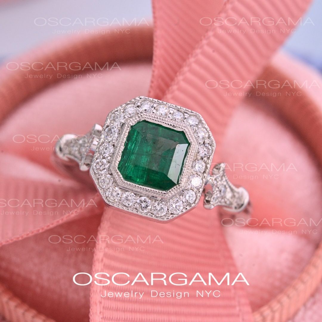 Jessica Asscher Cut Bezel Emerald Halo Engagement Ring