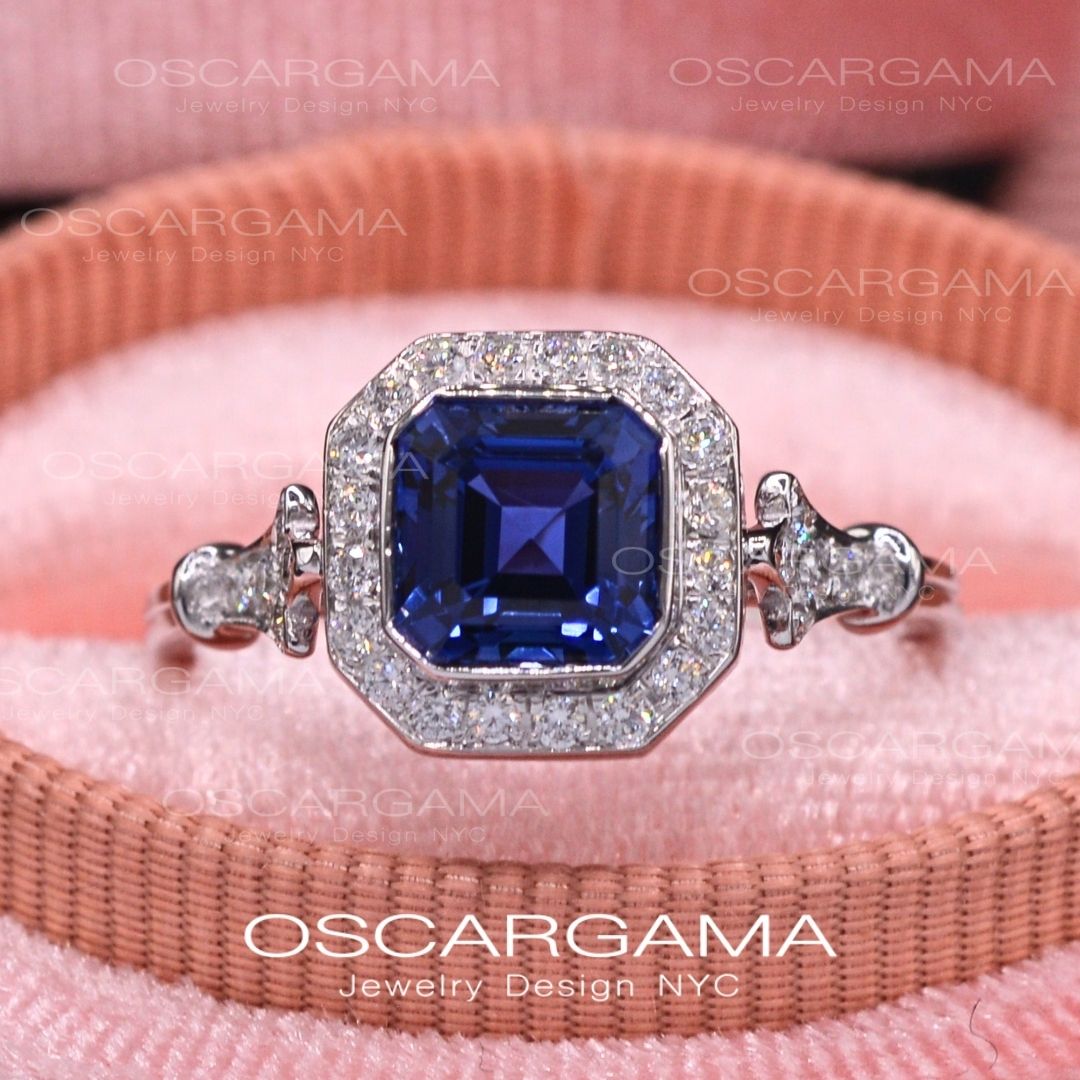 Jessica Asscher Cut Bezel Lab Blue Sapphire Halo Engagement Ring