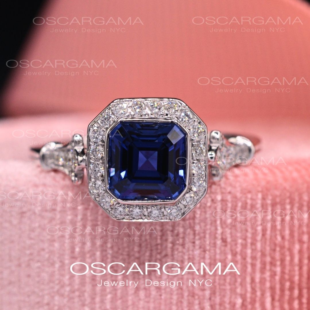 Jessica Asscher Cut Bezel Lab Blue Sapphire Halo Engagement Ring