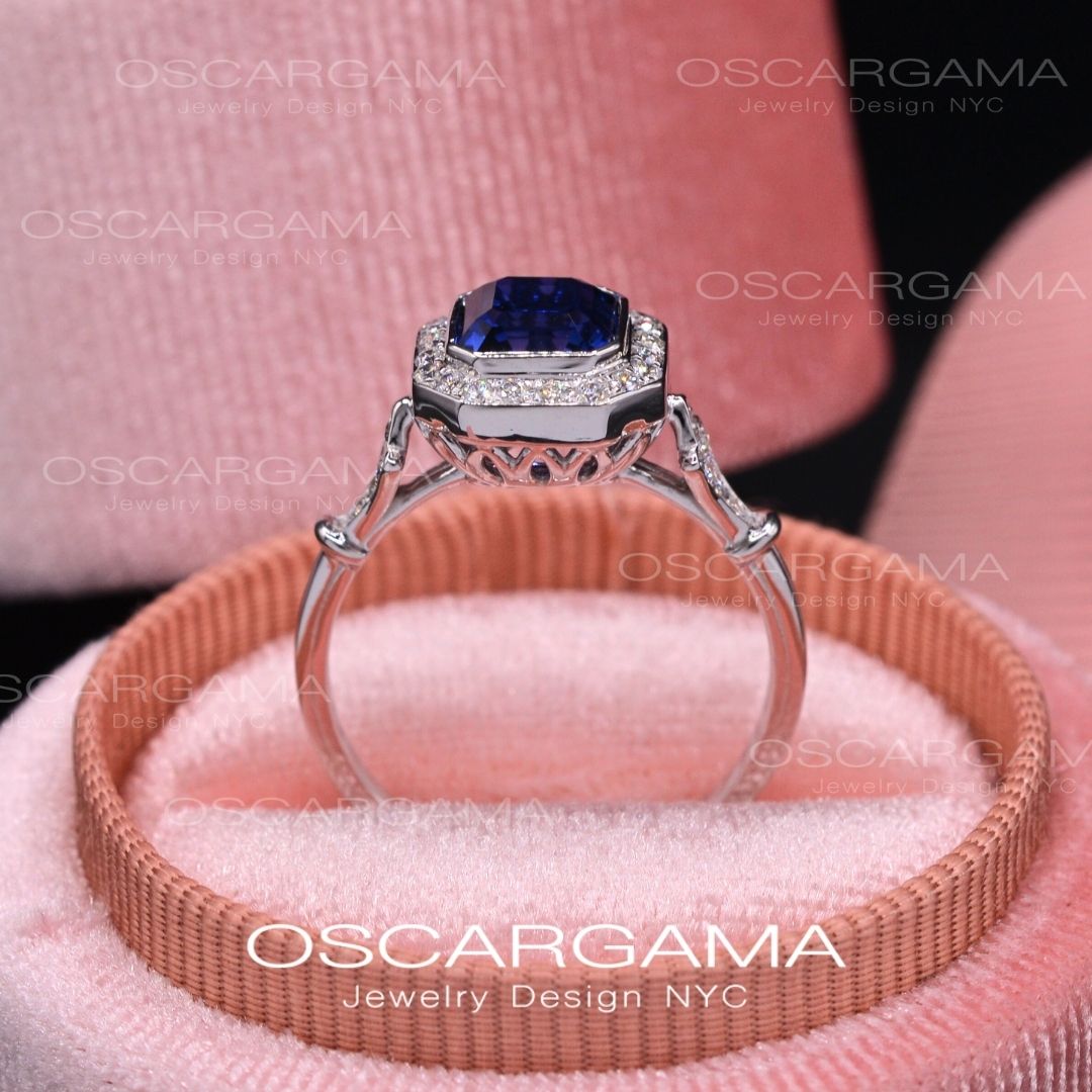 Jessica Asscher Cut Bezel Lab Blue Sapphire Halo Engagement Ring