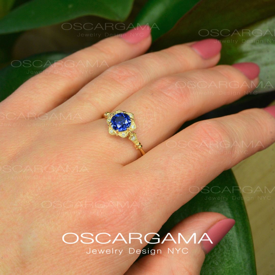 Round Daisy Star Blue Sapphire Engagement Ring Vintage Inspired