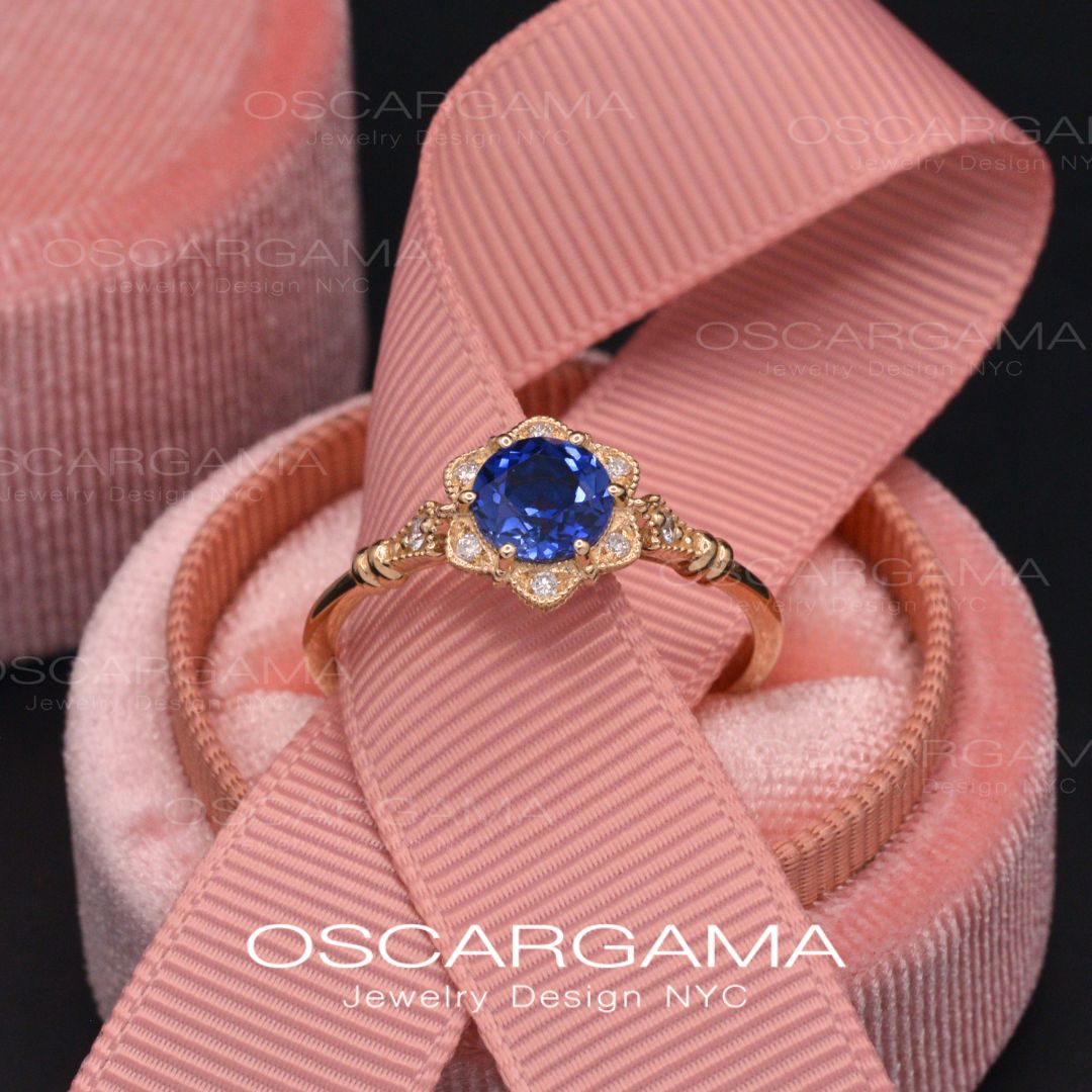 Round Daisy Star Blue Sapphire Engagement Ring Vintage Inspired