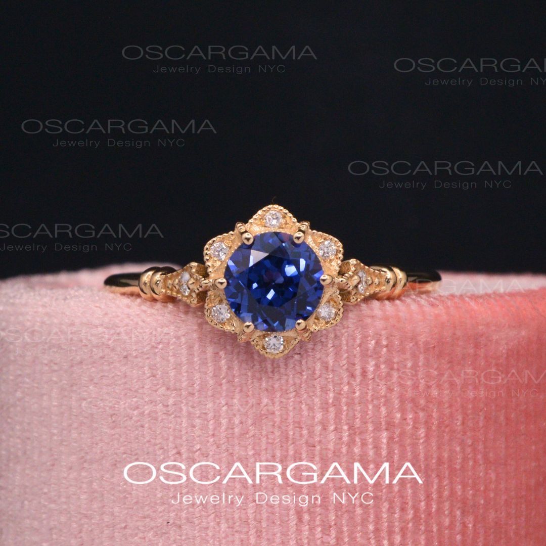 Round Daisy Star Blue Sapphire Engagement Ring Vintage Inspired