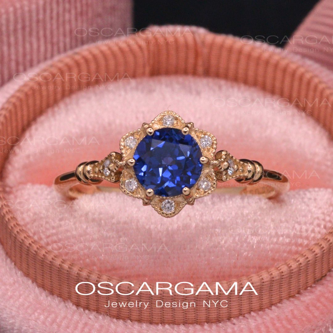 Round Daisy Star Blue Sapphire Engagement Ring Vintage Inspired