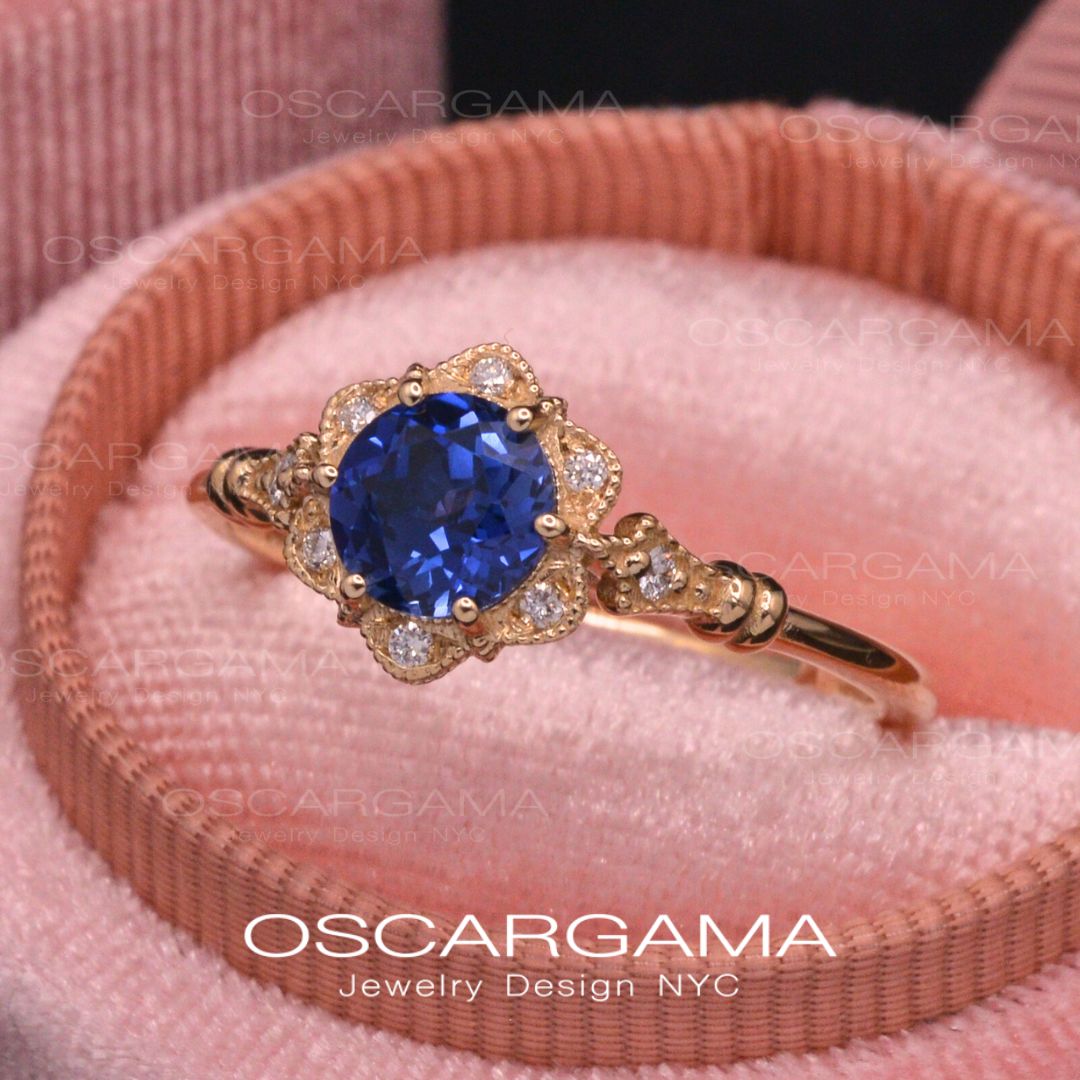 Round Daisy Star Blue Sapphire Engagement Ring Vintage Inspired