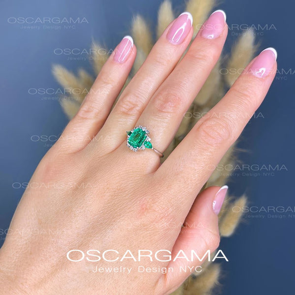 Natural Colombian Emerald Three Stone Engagement Ring | 18k White gold