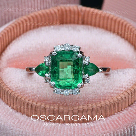 Natural Colombian Emerald Three Stone Engagement Ring | 18k White gold