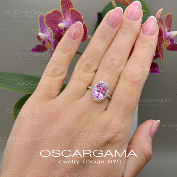 Pink Sapphire Oval Halo Lab  Anniversary / Engagement ring