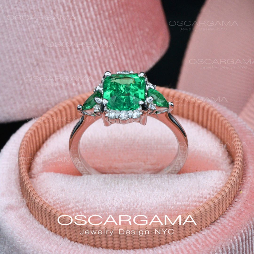 Natural Colombian Emerald Three Stone Engagement Ring | 18k White gold