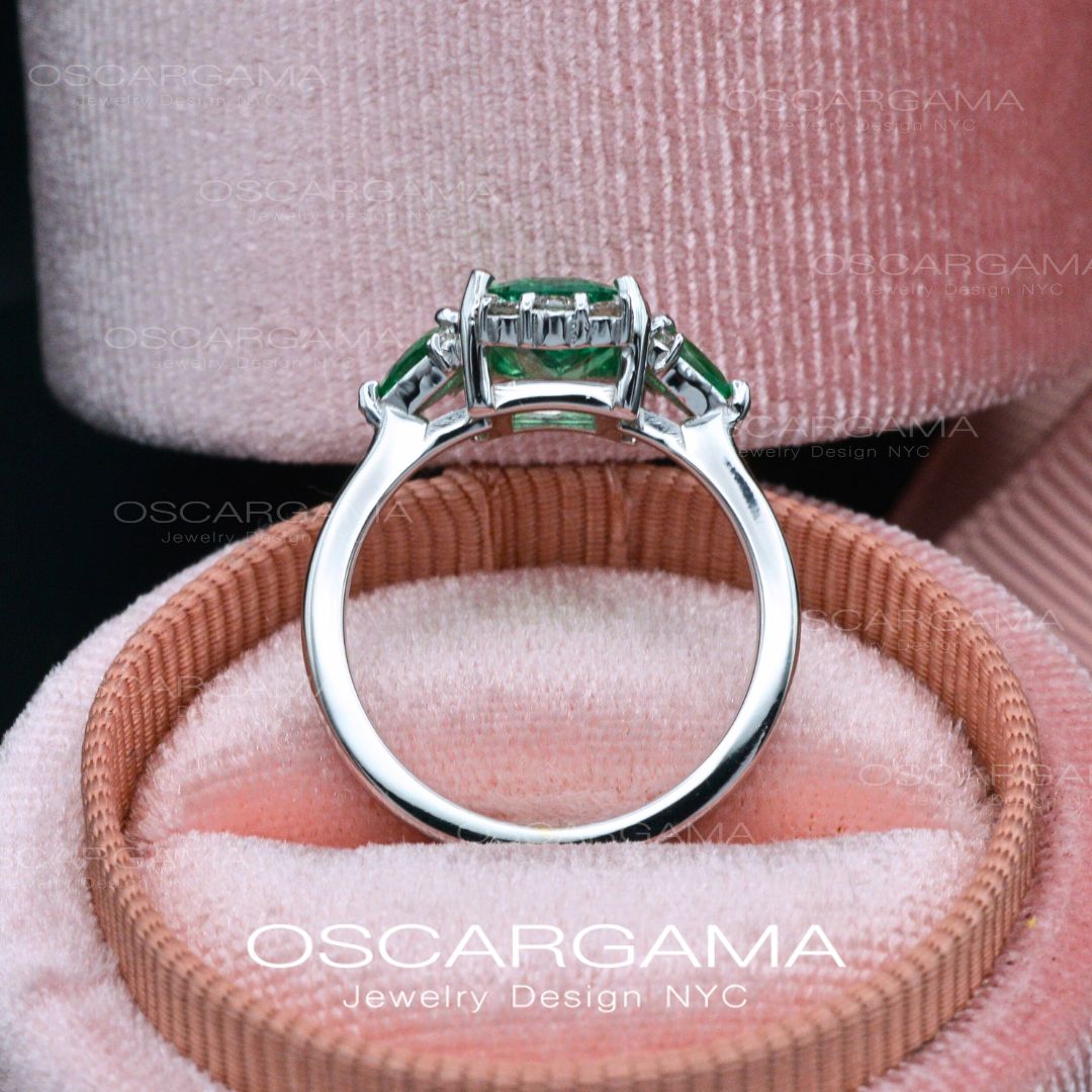 Natural Colombian Emerald Three Stone Engagement Ring | 18k White gold