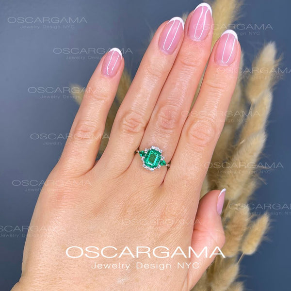 Natural Colombian Emerald Three Stone Engagement Ring | 18k White gold