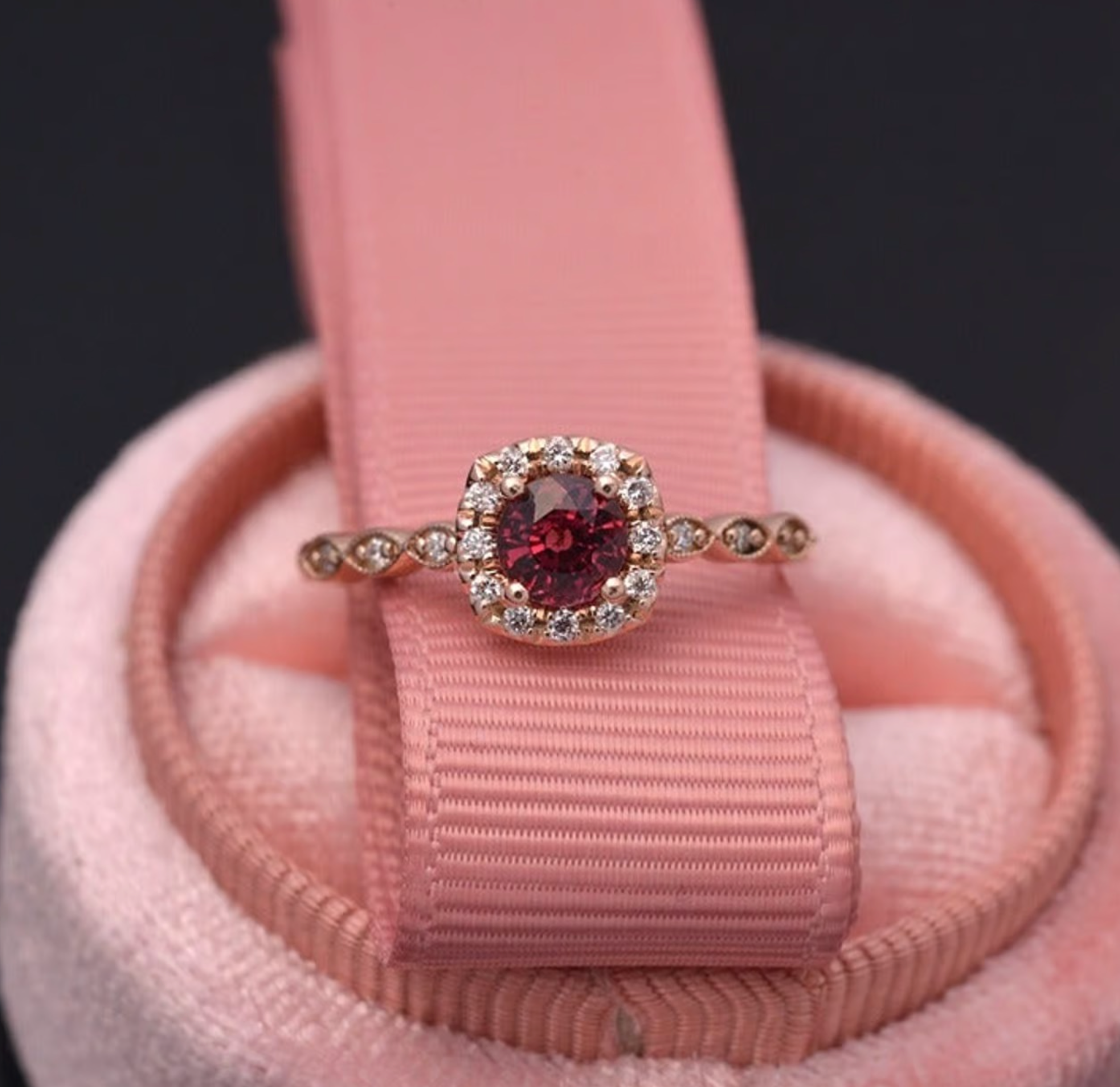 CUSTOM Jazzlyn Red Garnet Cushion style halo engagement ring