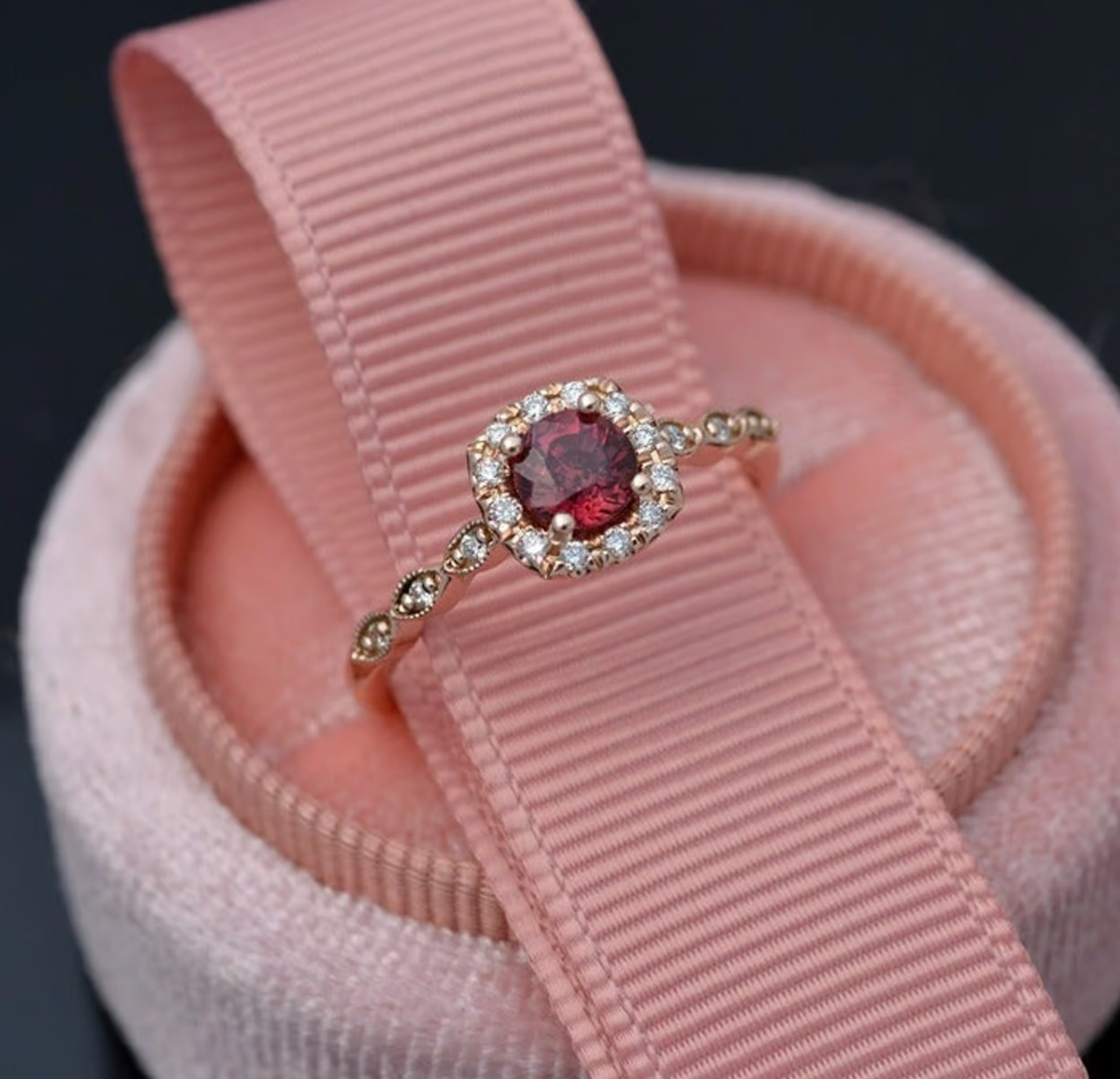CUSTOM Jazzlyn Red Garnet Cushion style halo engagement ring