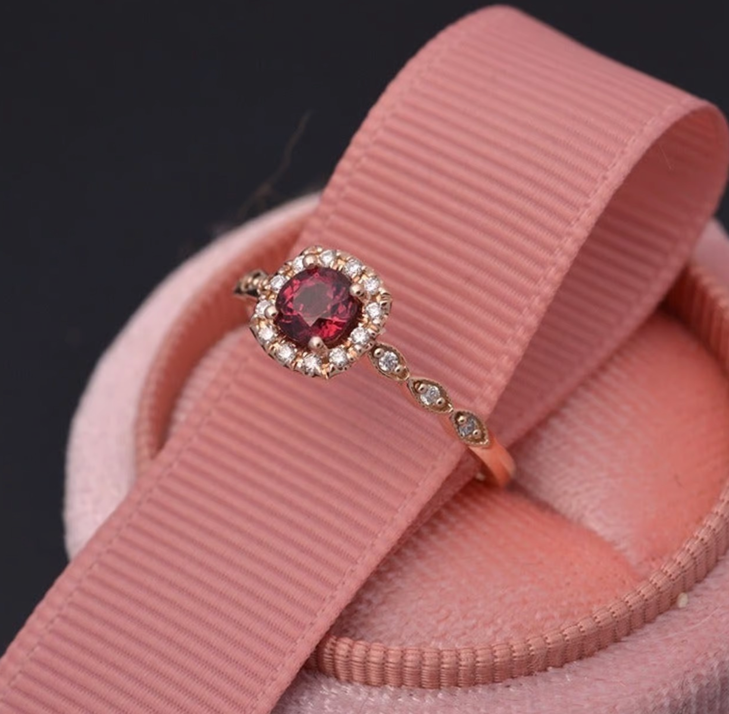 CUSTOM Jazzlyn Red Garnet Cushion style halo engagement ring