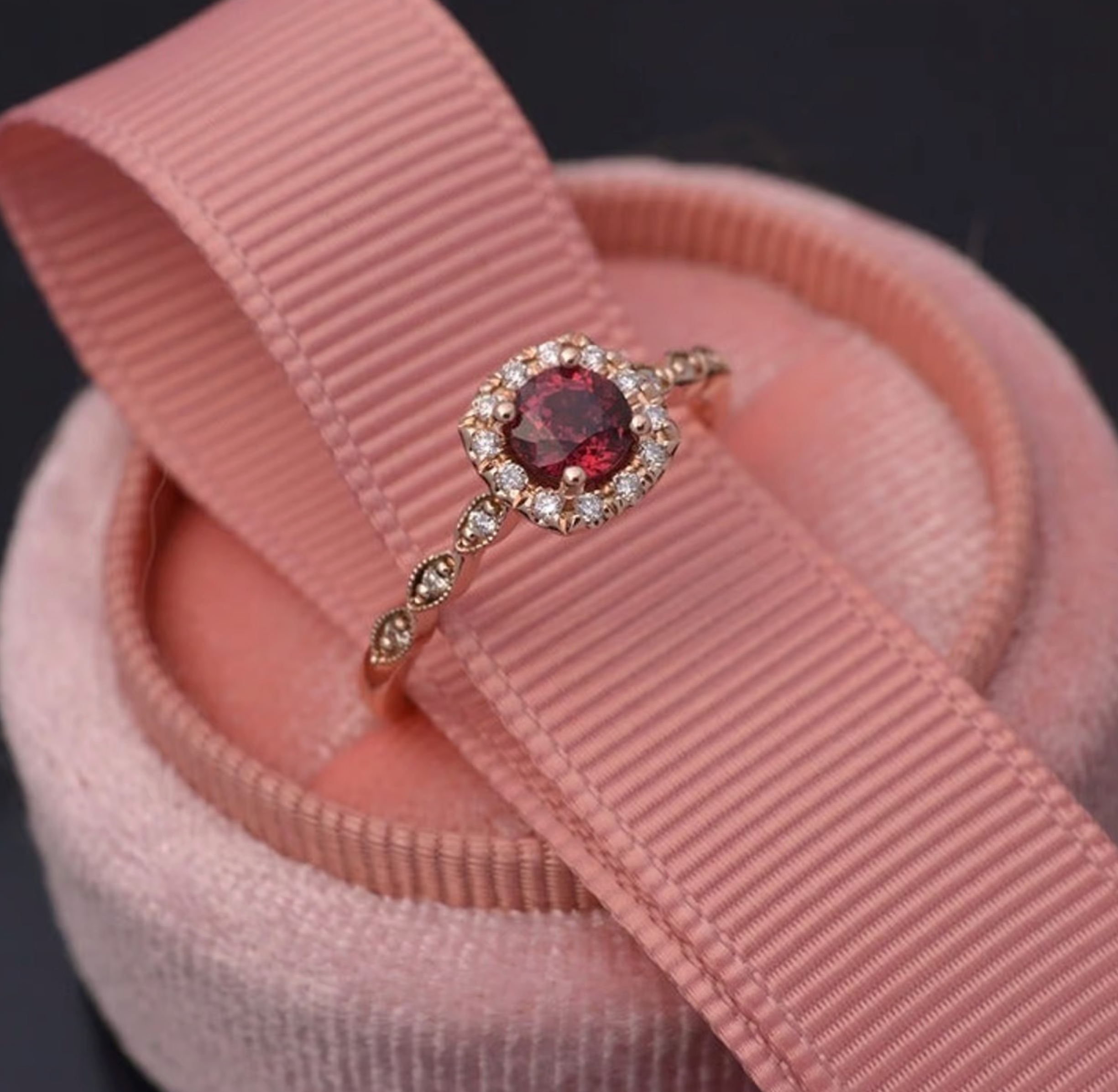 CUSTOM Jazzlyn Red Garnet Cushion style halo engagement ring