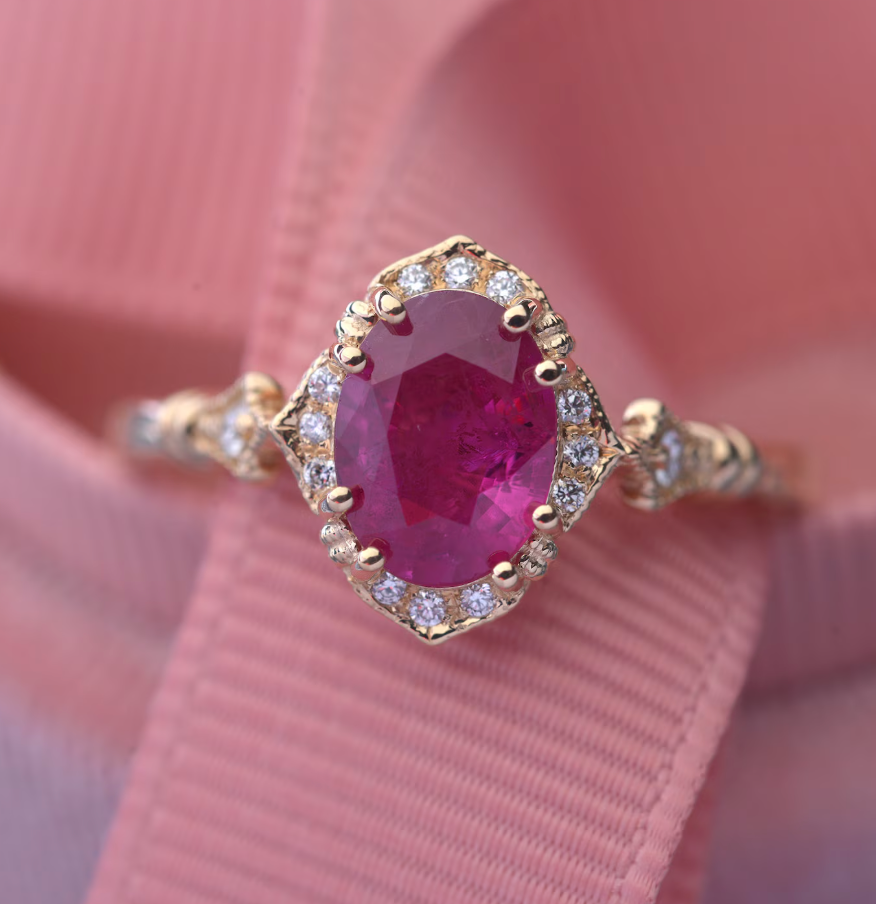 Haydee oval halo with Pink Morganite engagement ring Vintage Inspired