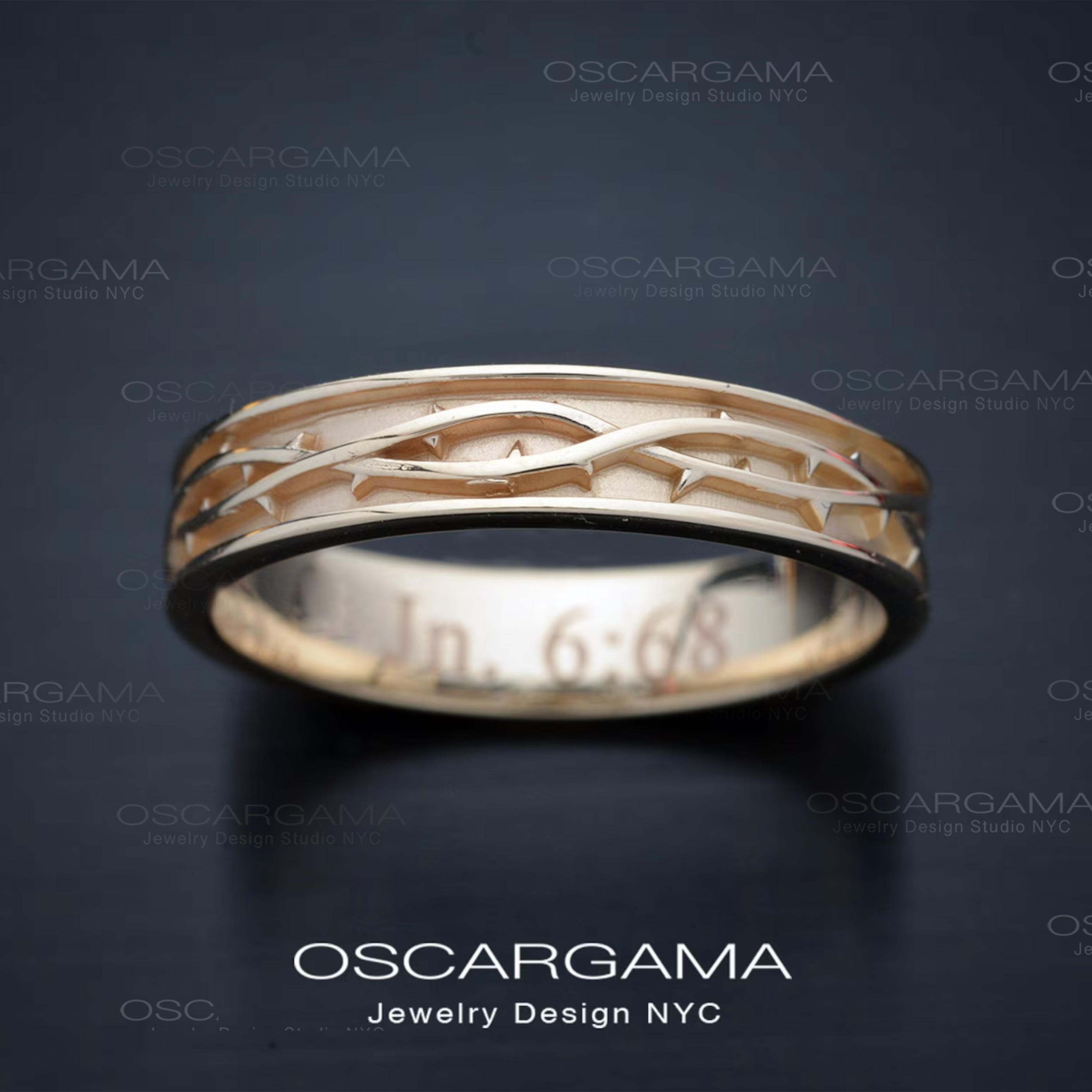 Men wedding band crown of thorns in gold pink