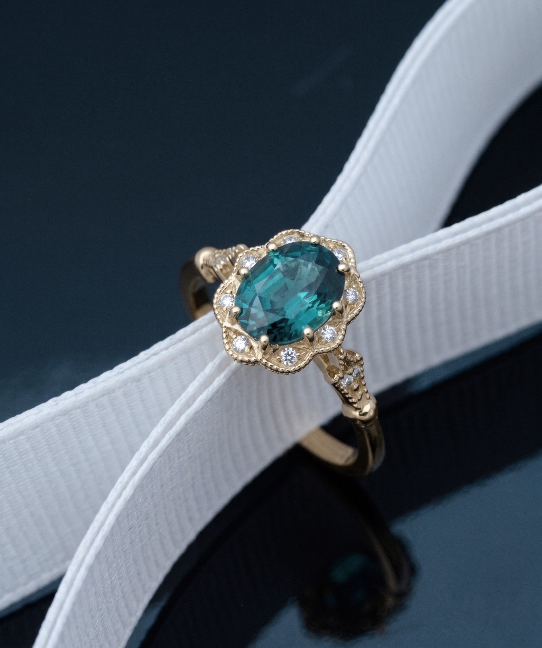Haydee natural Teal greenish blue Montana Sapphire Oval Halo Engagement Ring Vintage Style (Copy)