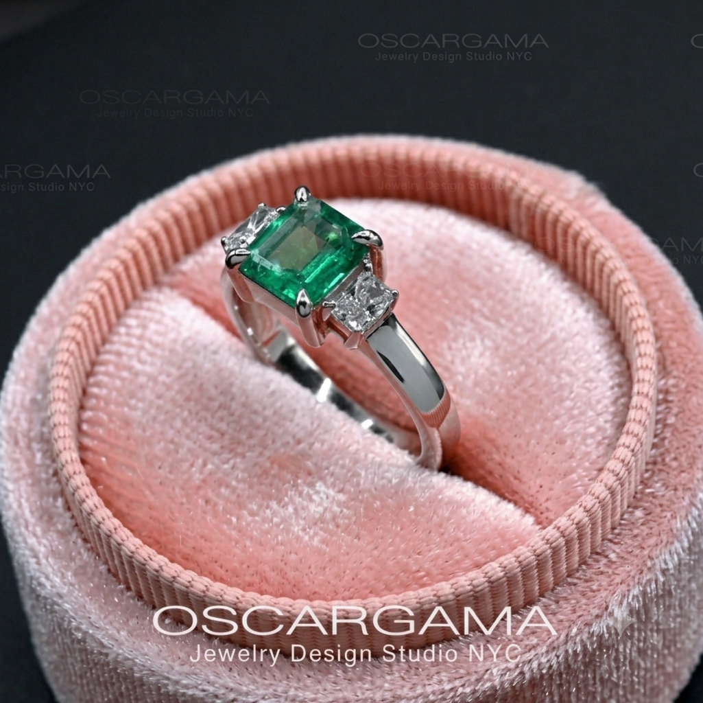 Natural Colombian Emerald 3 stone Engagement Ring IGI certified