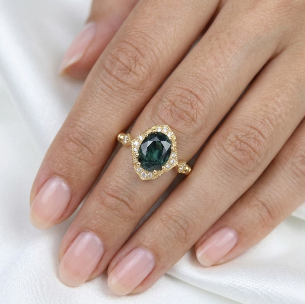 Haydee natural Teal greenish blue Montana Sapphire Oval Halo Engagement Ring Vintage Style (Copy)