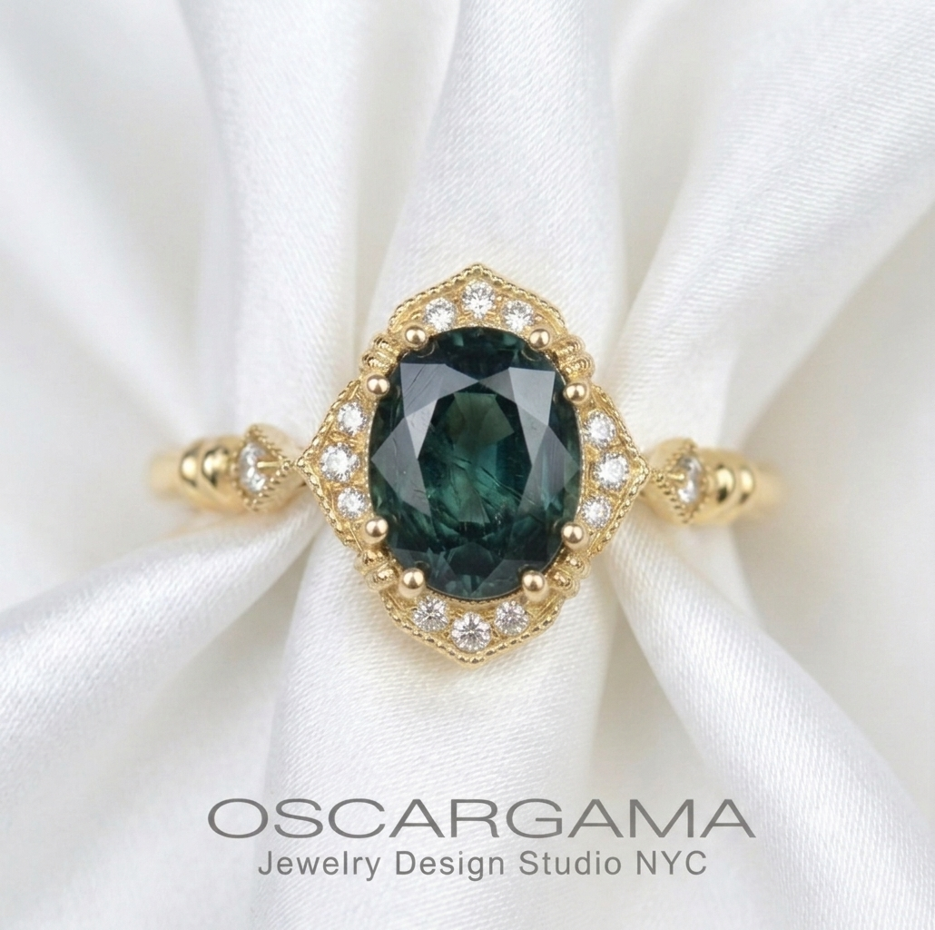 Haydee natural Teal greenish blue Montana Sapphire Oval Halo Engagement Ring Vintage Style (Copy)