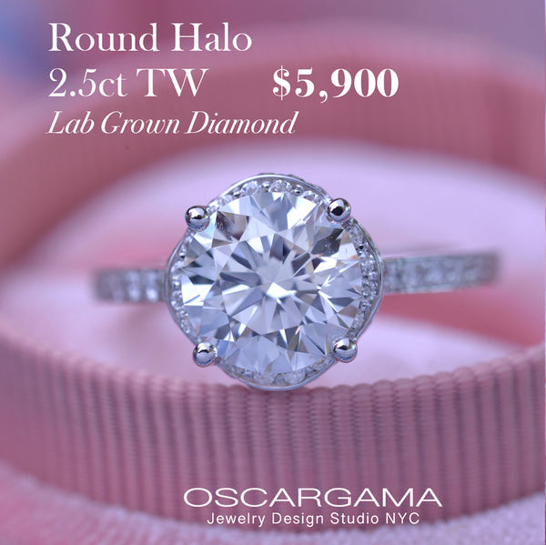 round solitaire engagement ring under halo in white gold with 2 carat lab grown diamond