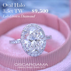 3 carat oval Halo engagement ring french cut pave in white gold with a lab grown diamond front view