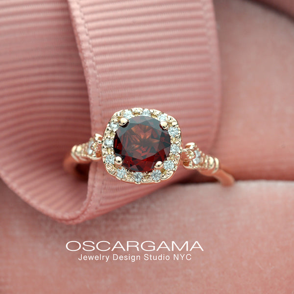 rose gold cushion halo engagement ring red garnet red center