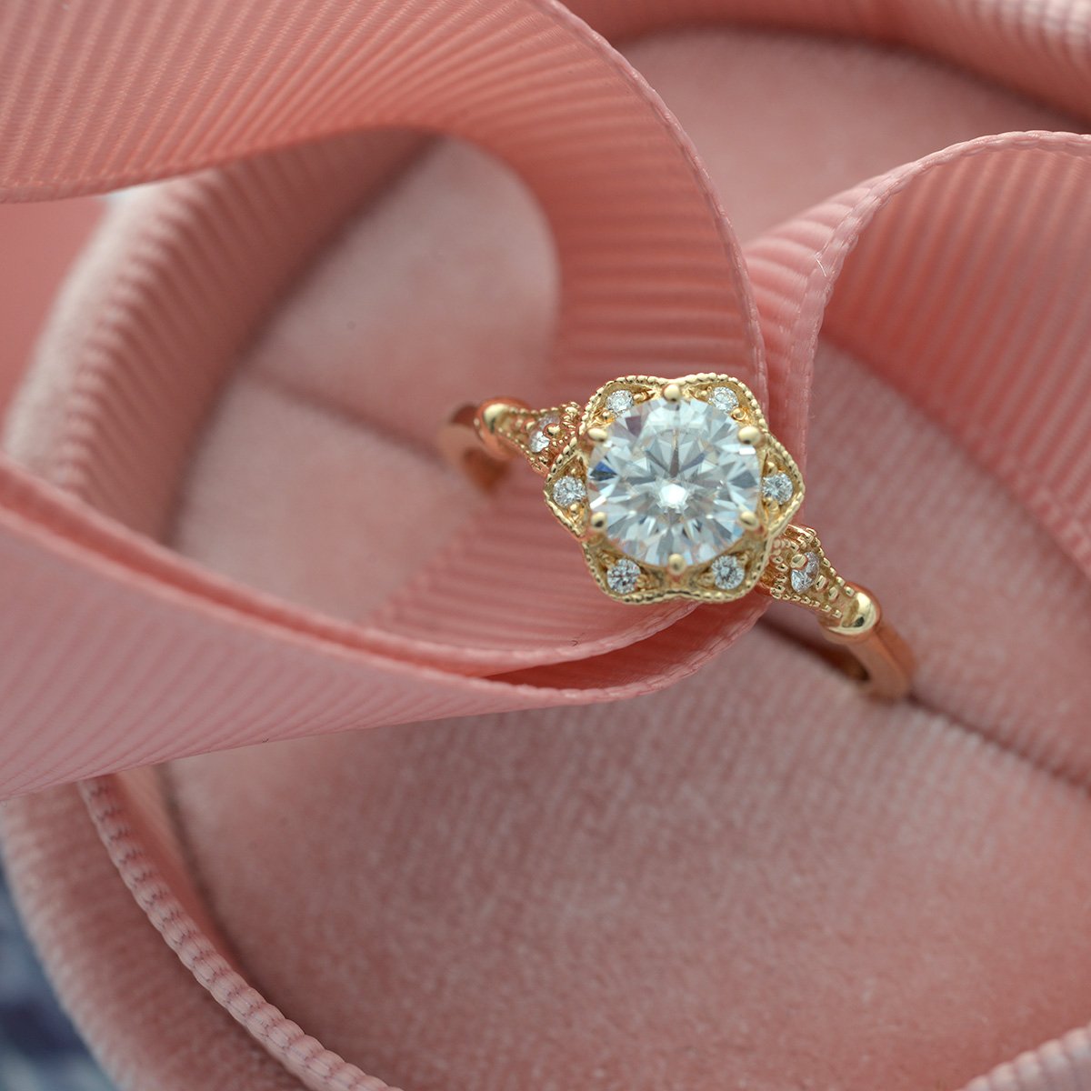 yellow gold engagement ring  round flower halo