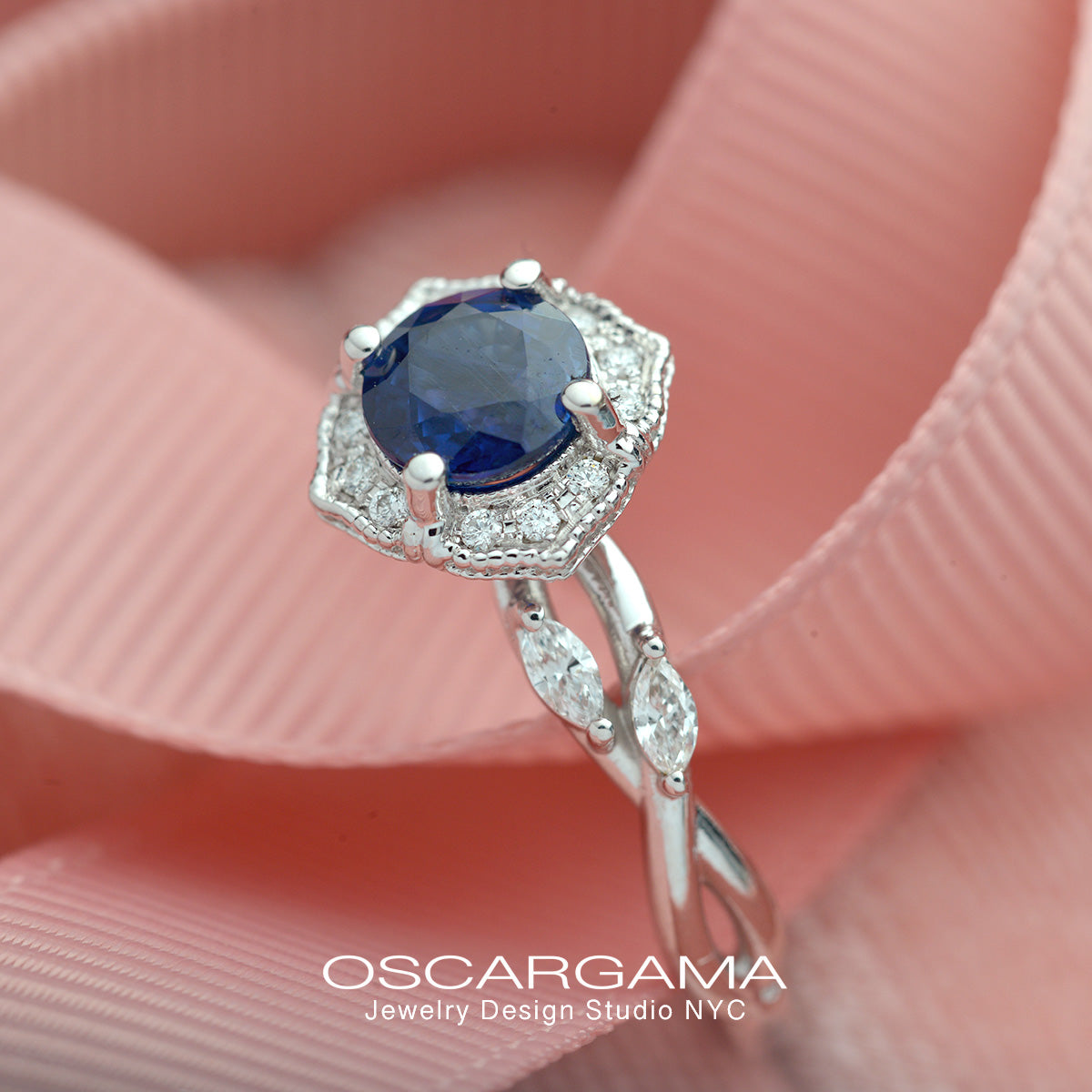 blue sapphire halo engagement ring vine twisted band