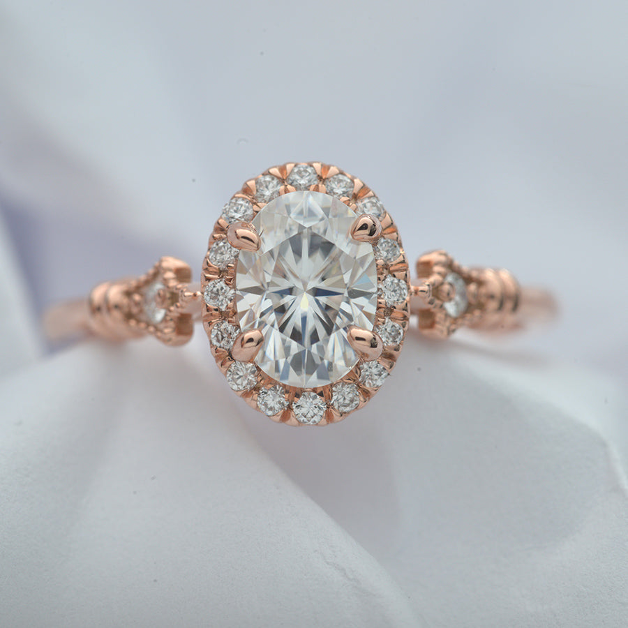 oval halo engagement ring vintage style in pink rose gold