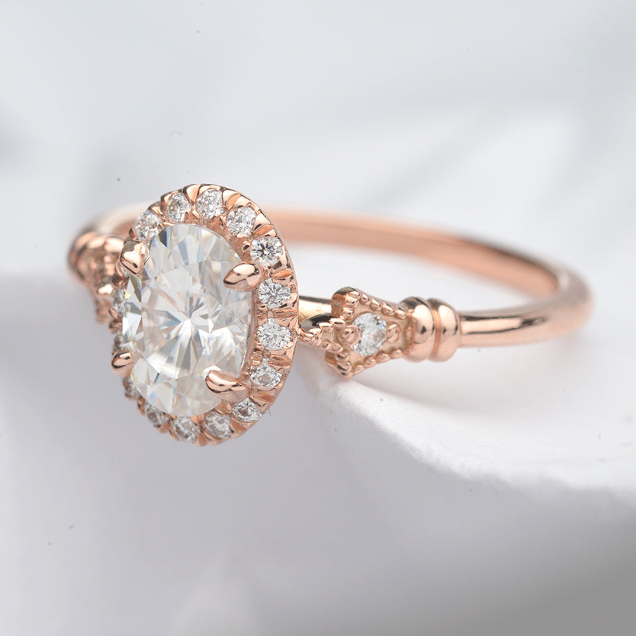 oval halo engagement ring vintage style in pink rose gold