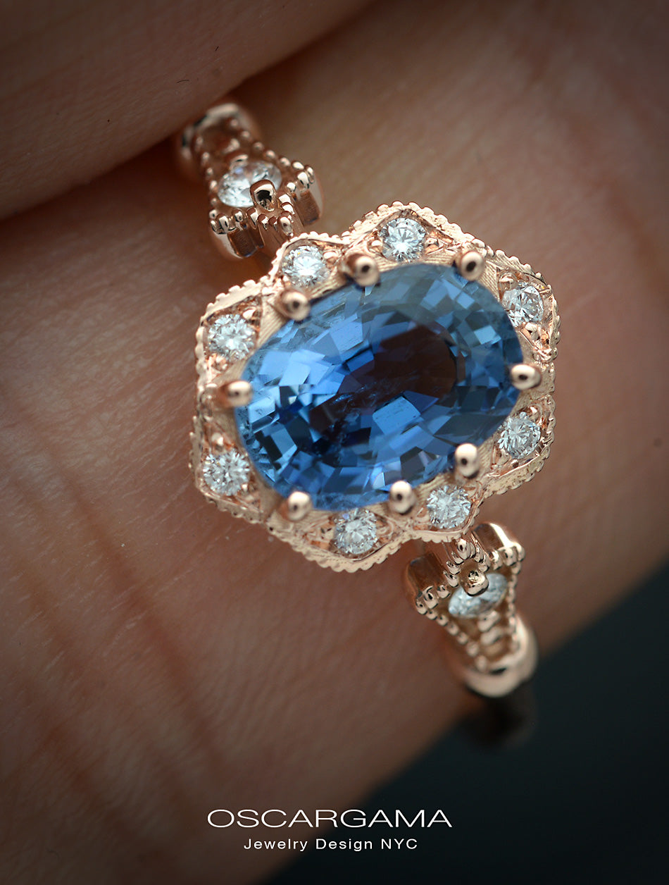 Rose Gold Engagement Ring with cornflower blue sapphire