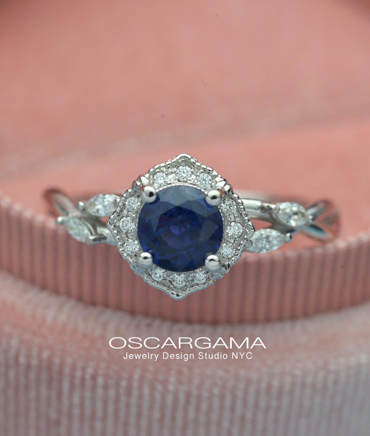 blue sapphire halo engagement ring vine twisted band