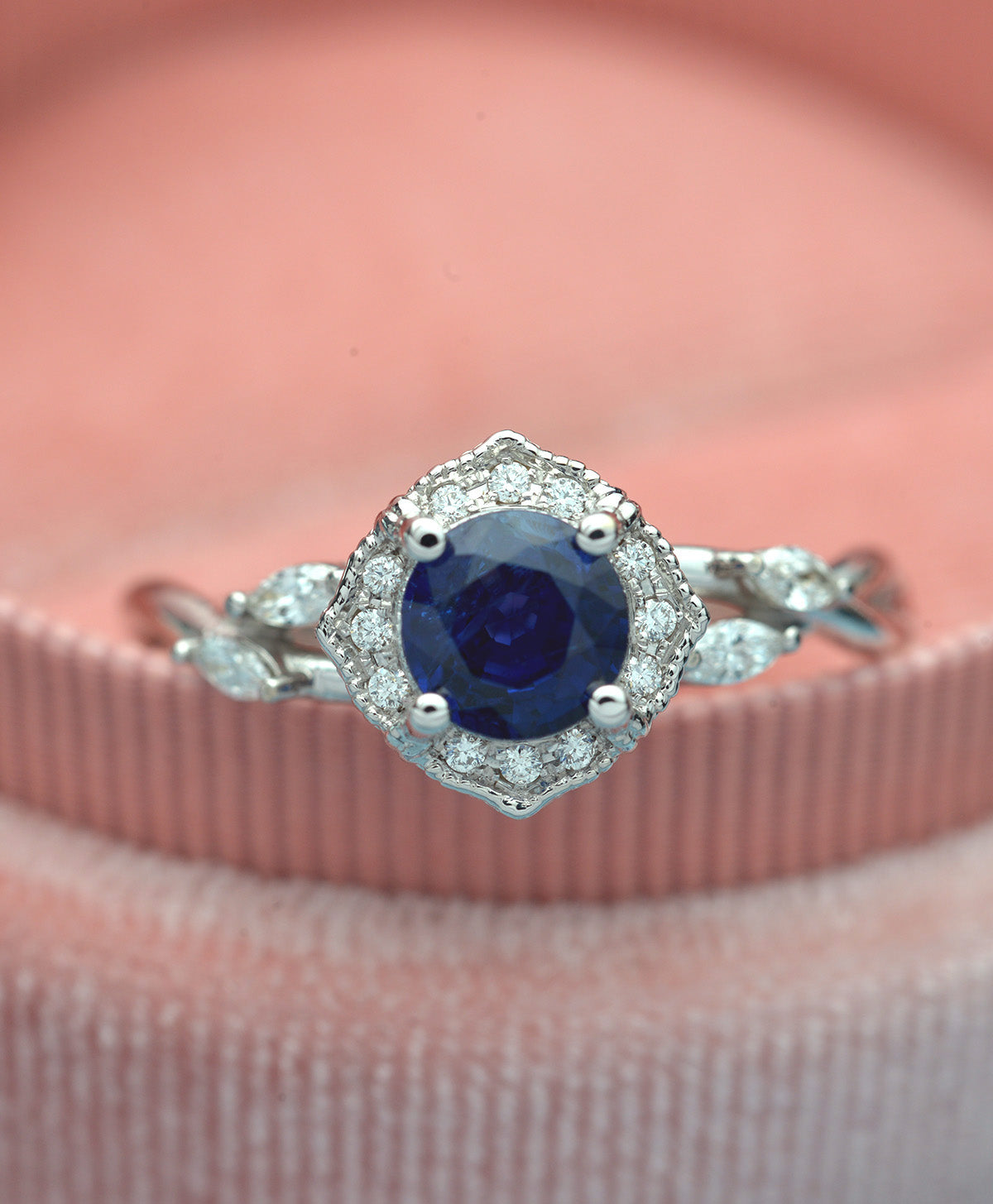 blue sapphire halo engagement ring vine twisted band