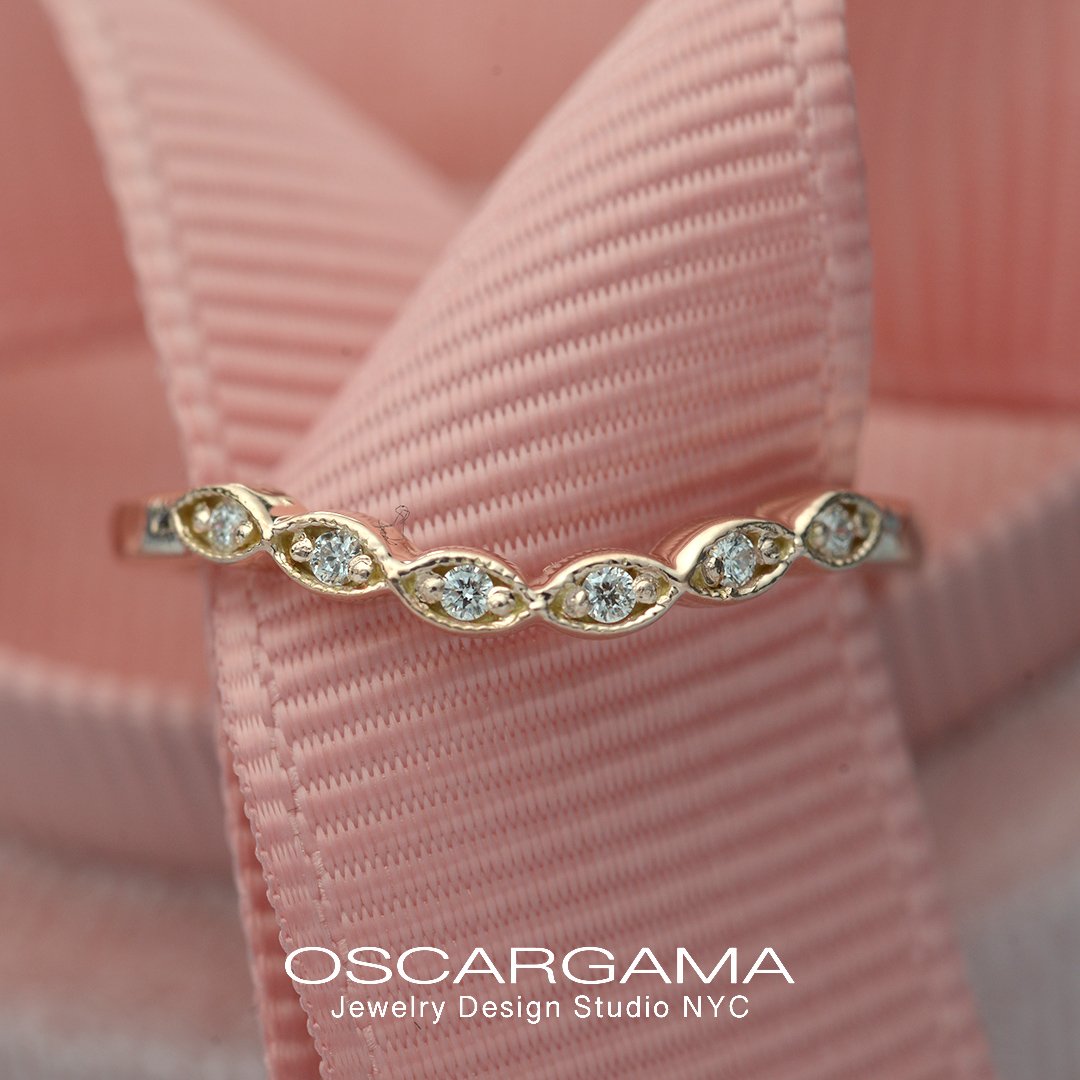 curved scalloped wedding band with 6 diamonds in rose gold