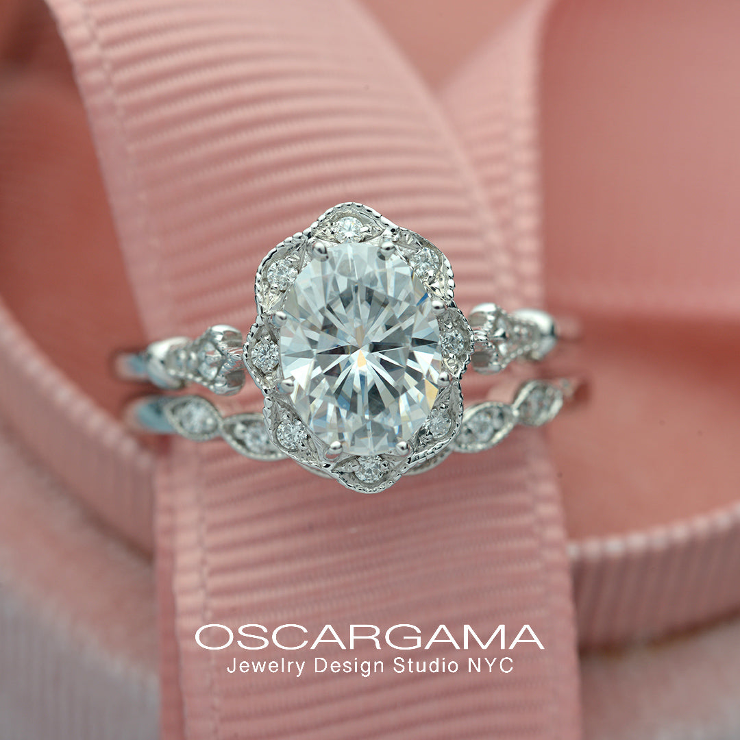 Oval Halo engagement ring Vintage inspired with band