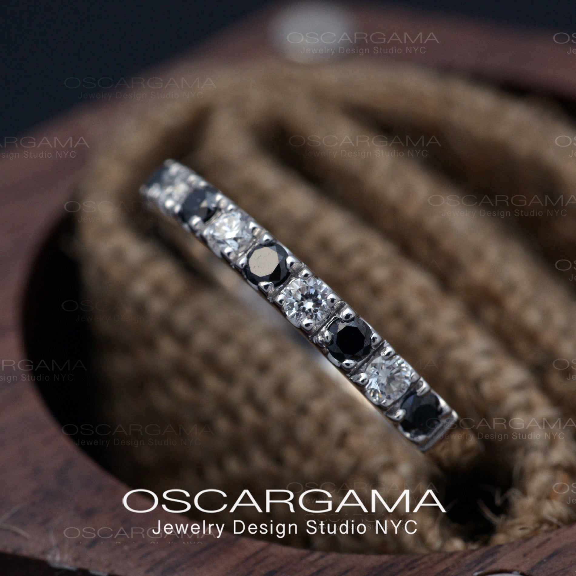 Black and white diamonds pave set wedding band