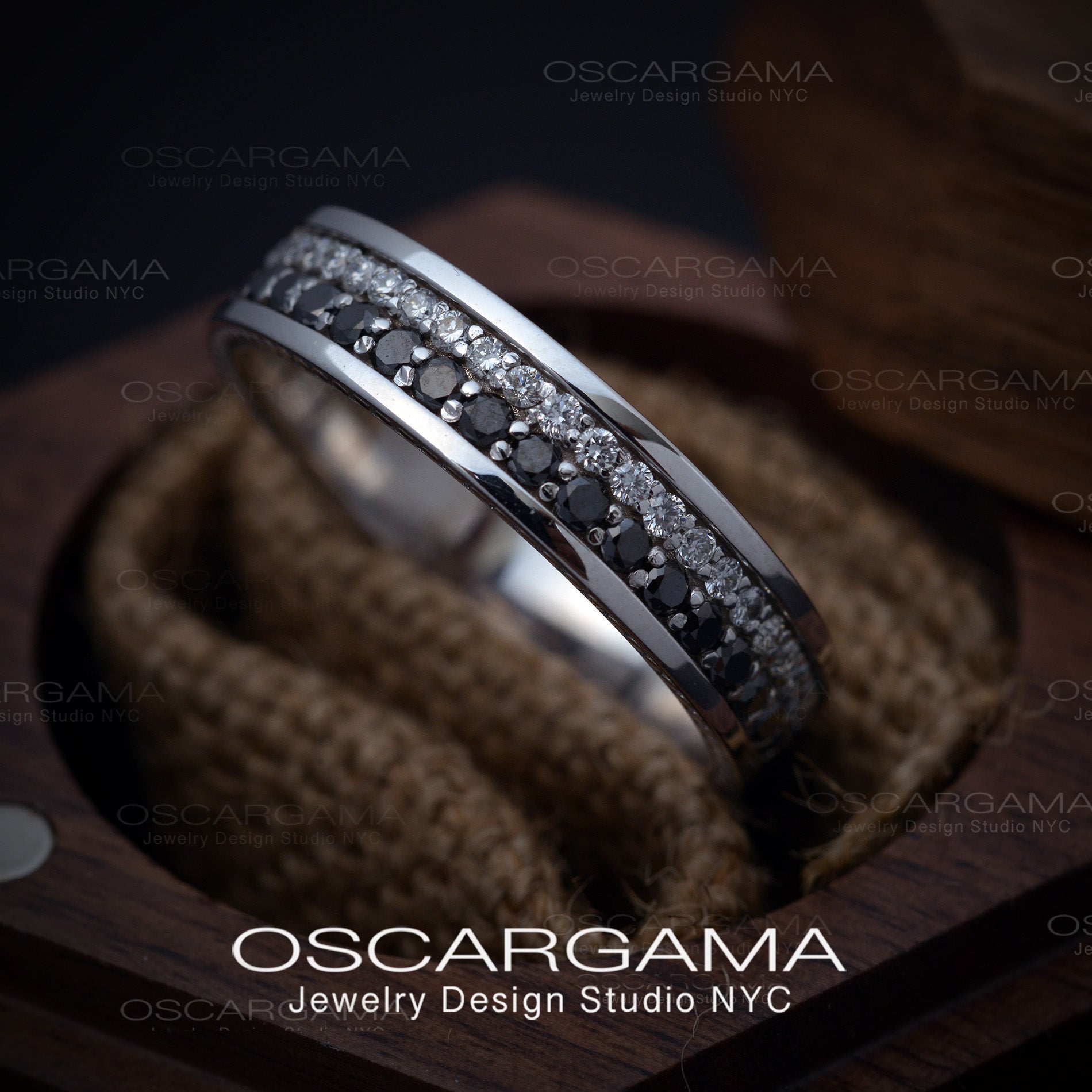 man wedding band with black and white diamonds