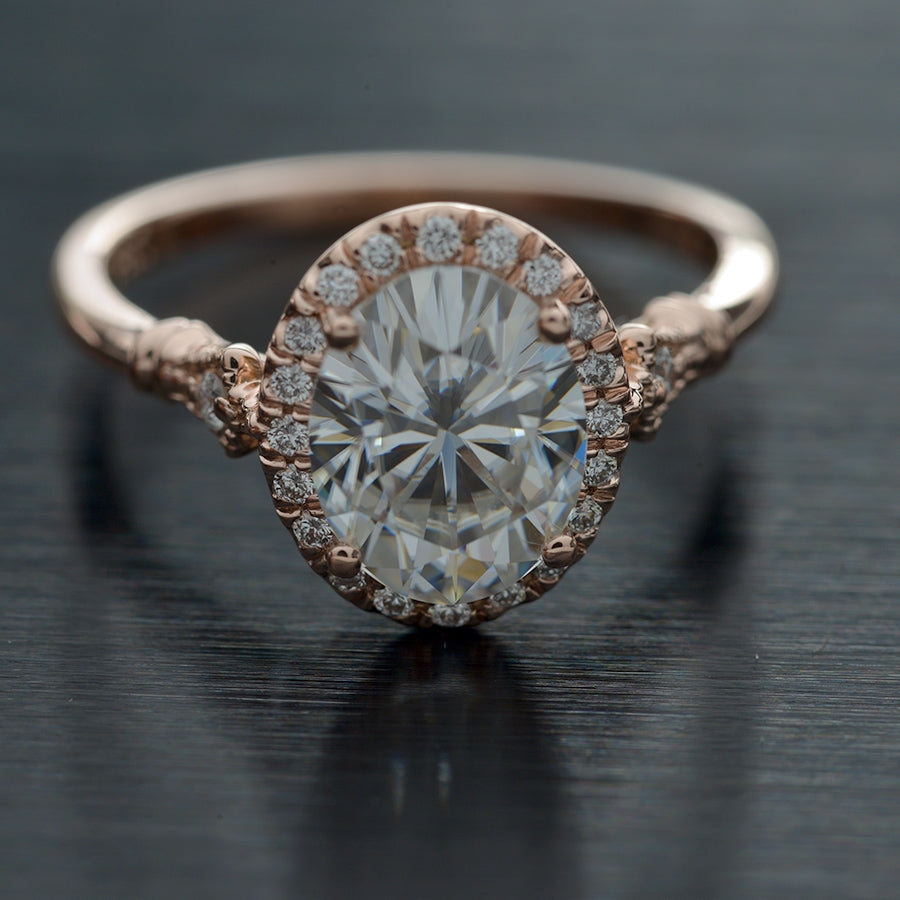 oval halo engagement ring vintage style in pink rose gold