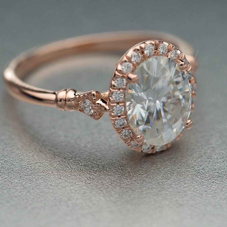 oval halo engagement ring vintage style in pink rose gold